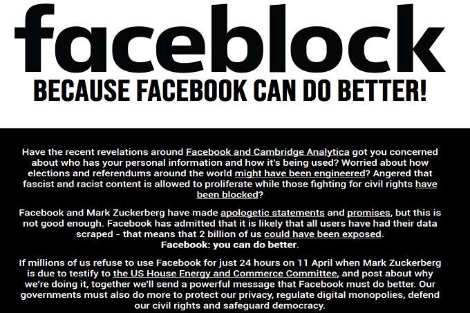 عملية مقاطعة للفيسبوك يوم 11 أبريل بإسم faceblock بسبب فضيحة كامبريدج أناليتيكا